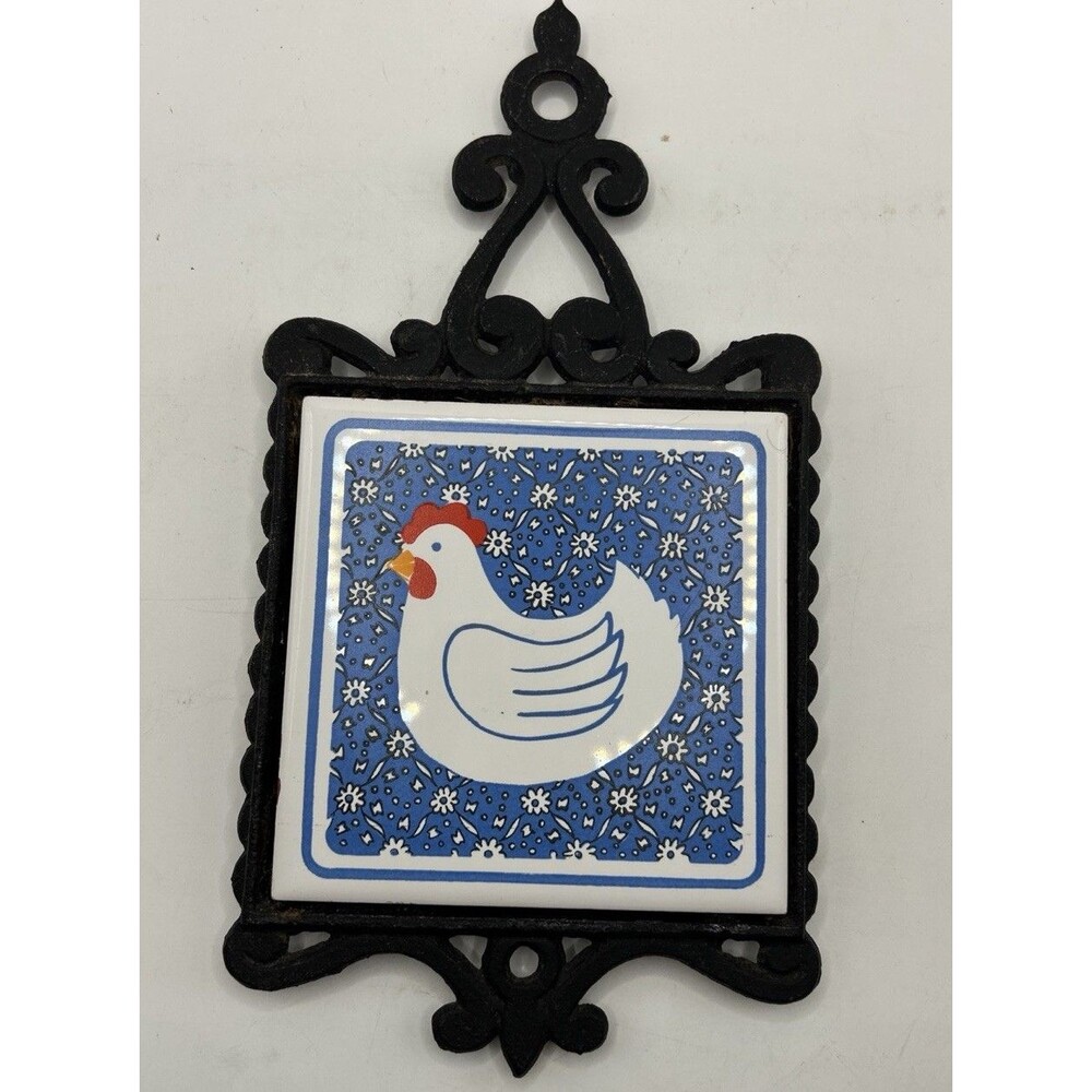 Vintage Cast Iron Trivet Chicken Tile Kitchen Decor